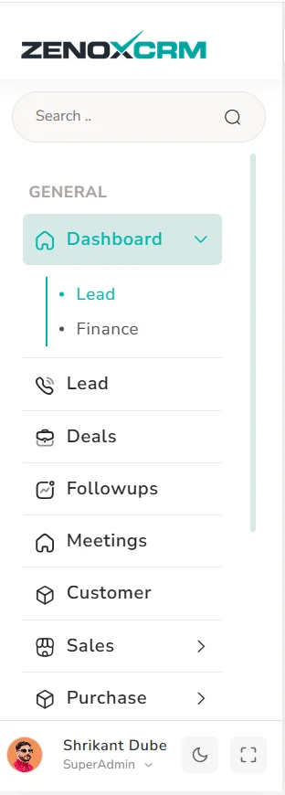 ZenoxCRM left menu with Dashboard, Lead, Deals, Followups, Meetings, Customer, Sales and Purchase